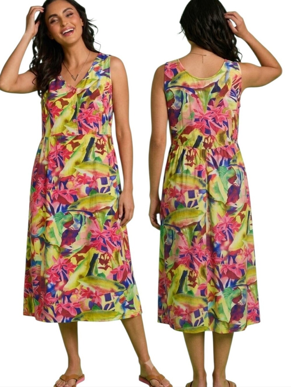 JAMS WORLD Janice Gauguin Print Y2K Tropical Midi Dress - Size L